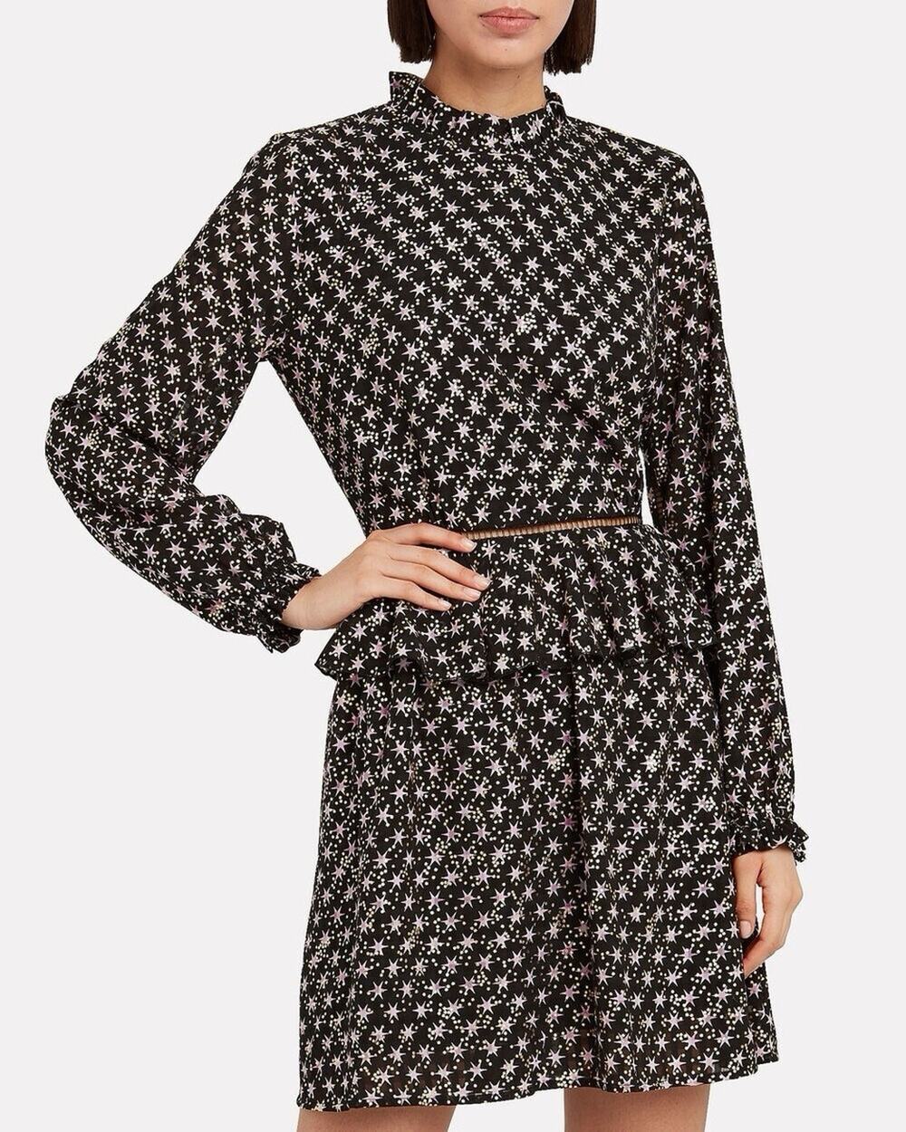 STINE GOYA Christine Ruffle Star Print Metallic Crepe Dress Long Sleeve Black S